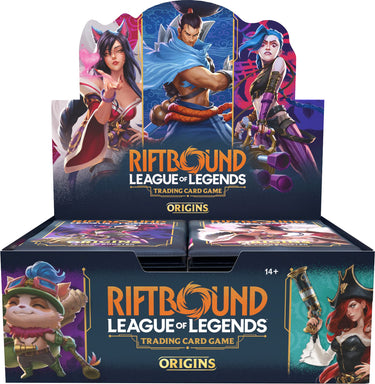 Riftbound League of Legends trading card game box with character illustrations on a white background